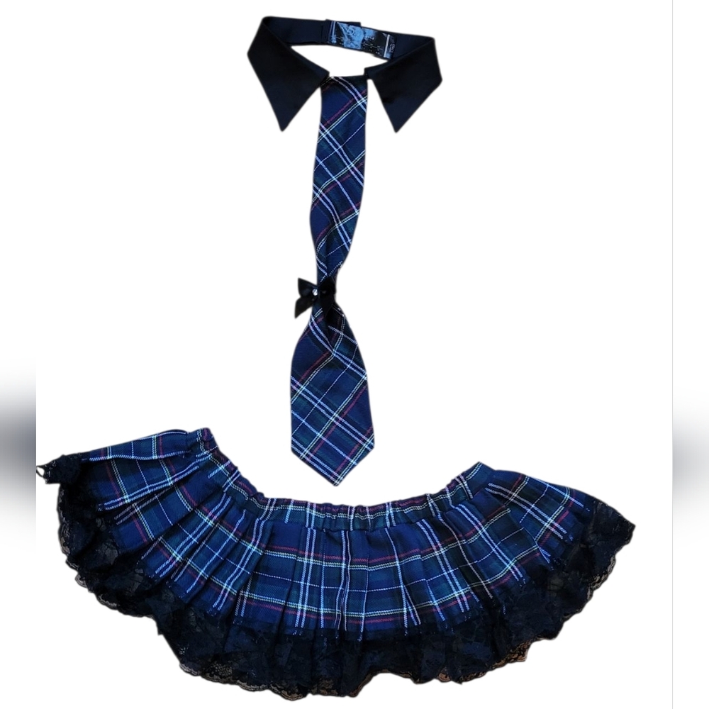 Plaid Schoolgirl Lingerie Set - Blue and Black